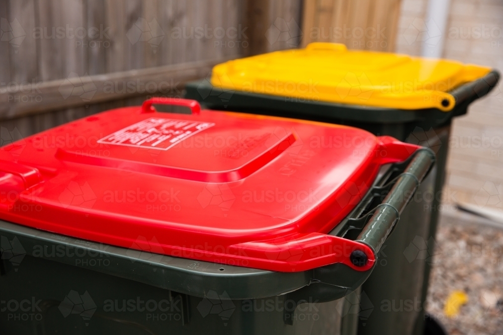 wheelie bin lids and labels - Australian Stock Image