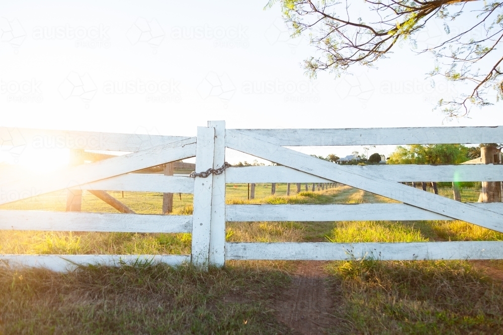 White wooden post and rail fence and gate backlit with sun flare - Australian Stock Image