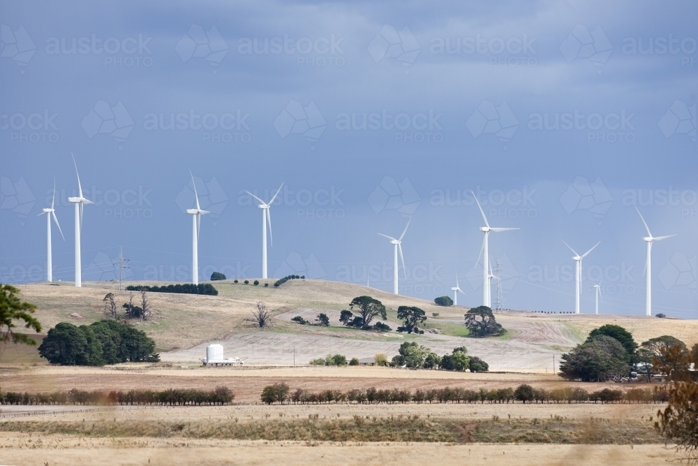 Wind farm with paddocks in foreground - Australian Stock Image