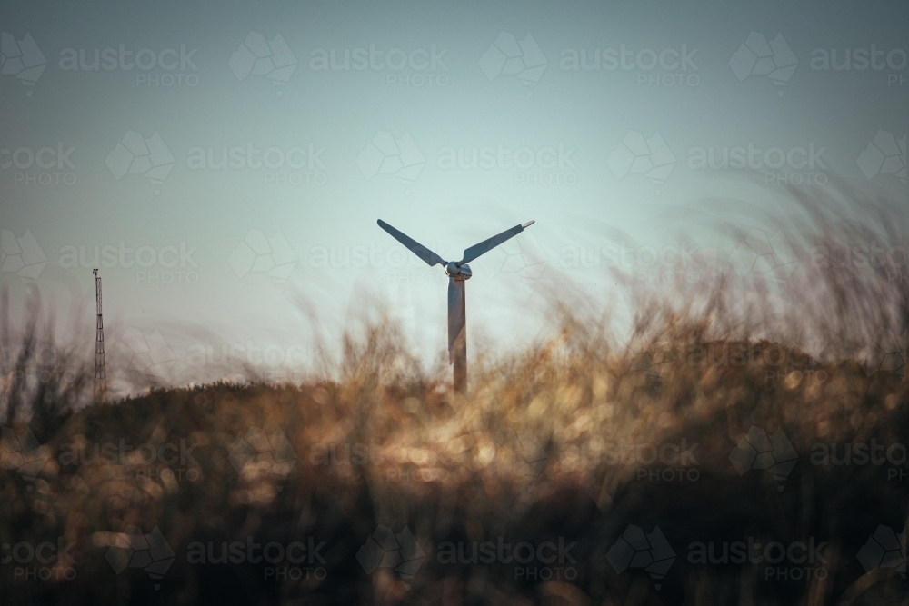 Wind Turbine spinning in a grassy field - Australian Stock Image