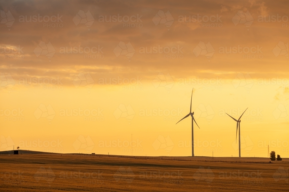 wind turbines against golden sky at sunset - Australian Stock Image