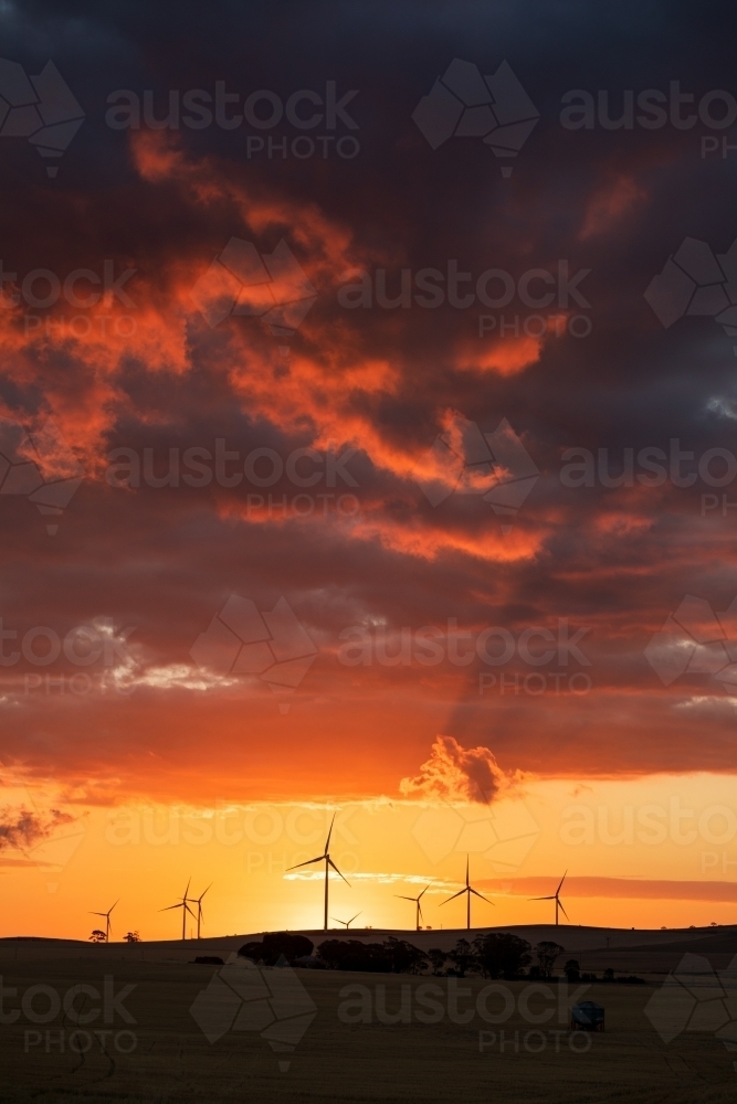 wind turbines silhouetted against sunset sky, vertical - Australian Stock Image