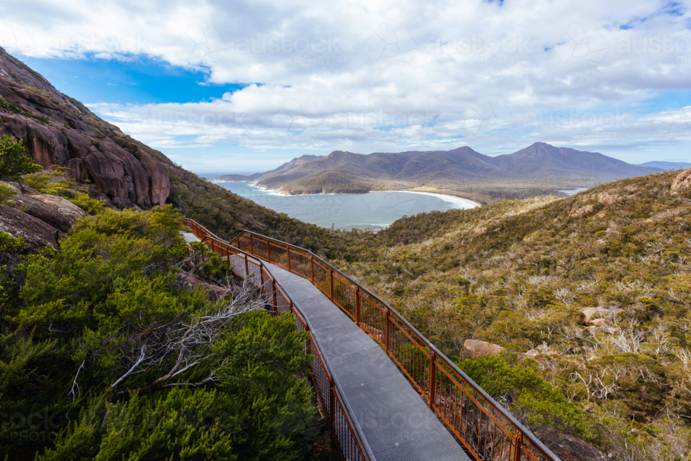 Wineglass Bay from the lookout and walkway on the Freycinet Peninsula Circuit day hike - Australian Stock Image
