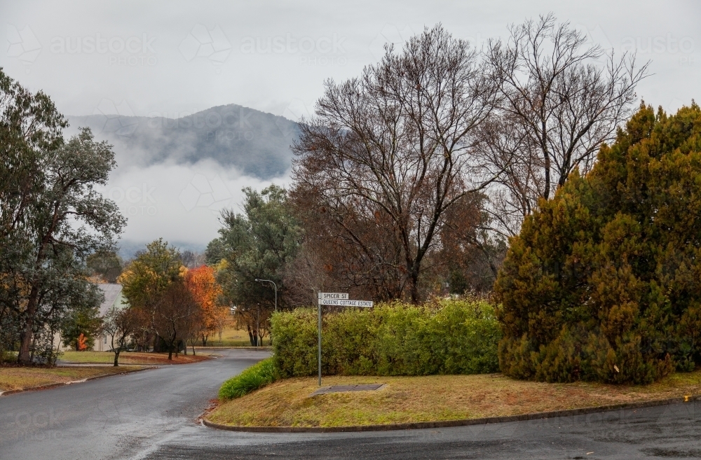 Winter scenery on Talbingo street on misty day - Australian Stock Image