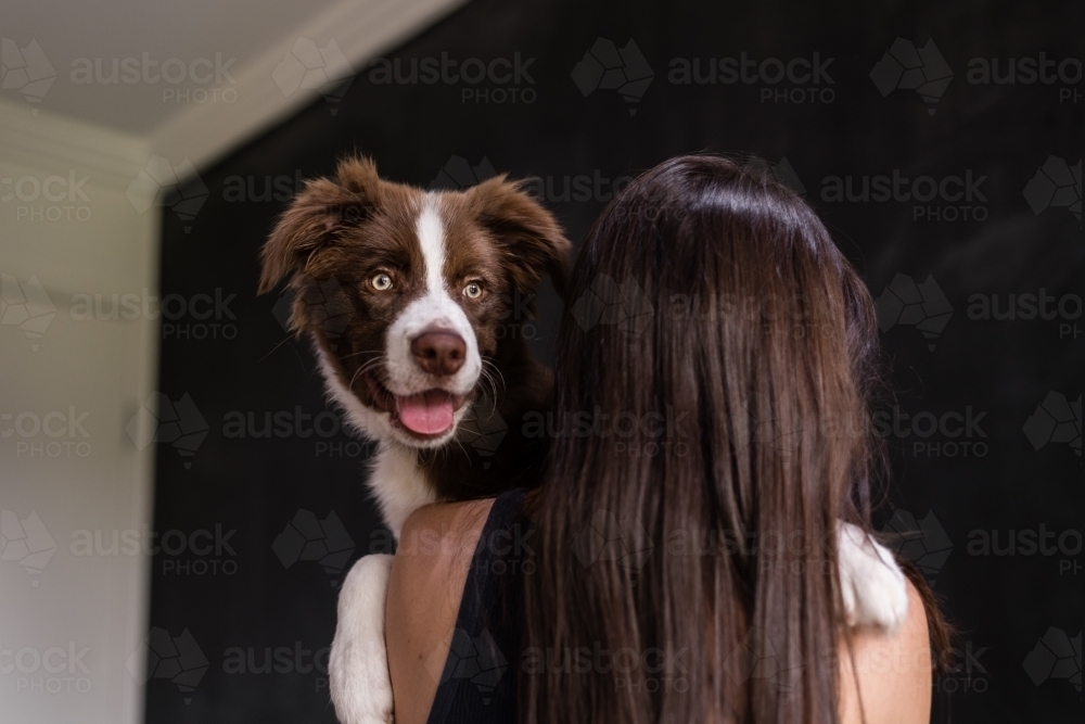 woman holding dog on her shoulder - Australian Stock Image