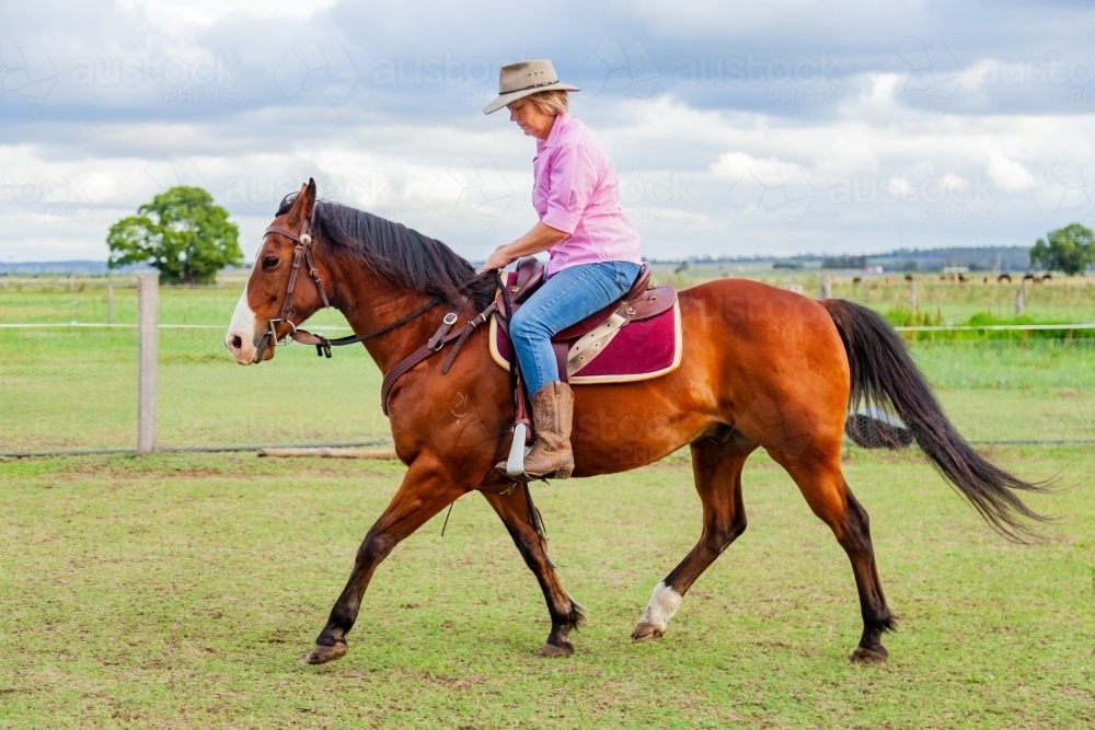 Woman riding horse through paddock - Australian Stock Image