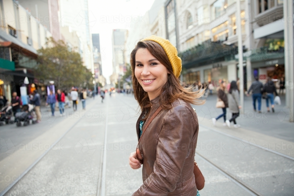 Woman Walking Across Bourke Street Mall - Australian Stock Image