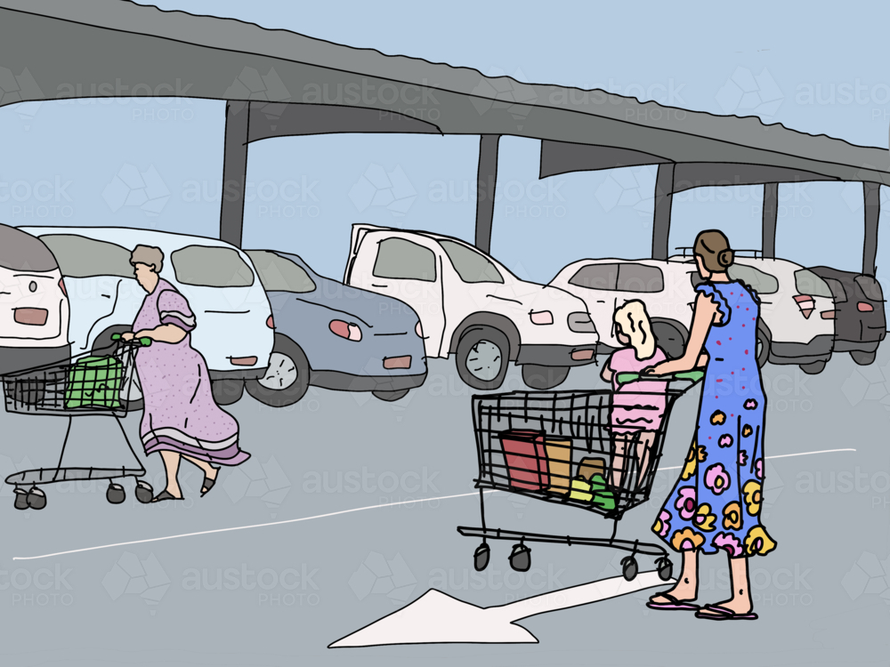 Woman wearing blue floral dress pushing child in trolley with groceries in car park - Australian Stock Image