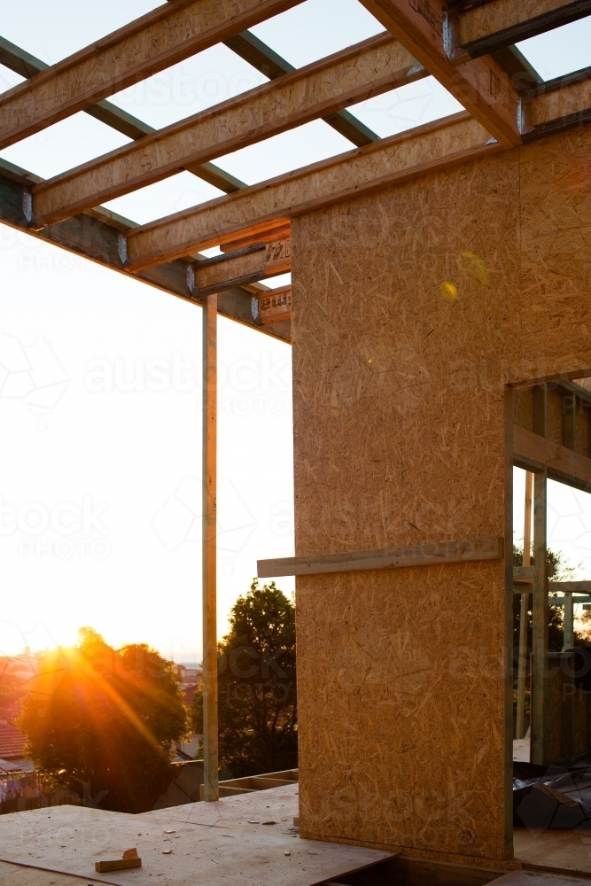 wooden frame of granny flat second dwelling under construction in backyard - Australian Stock Image