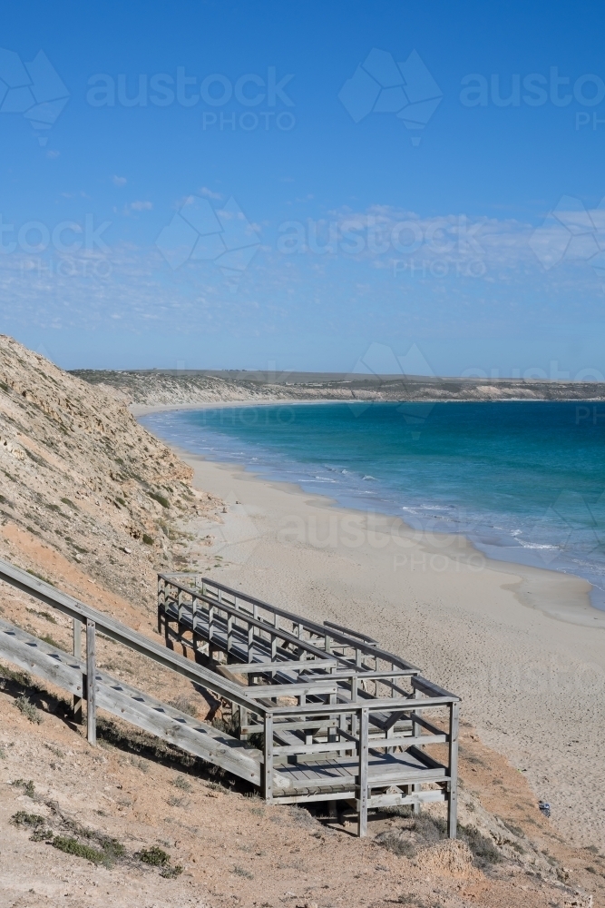 Wooden Staircase down to remote beach - Australian Stock Image