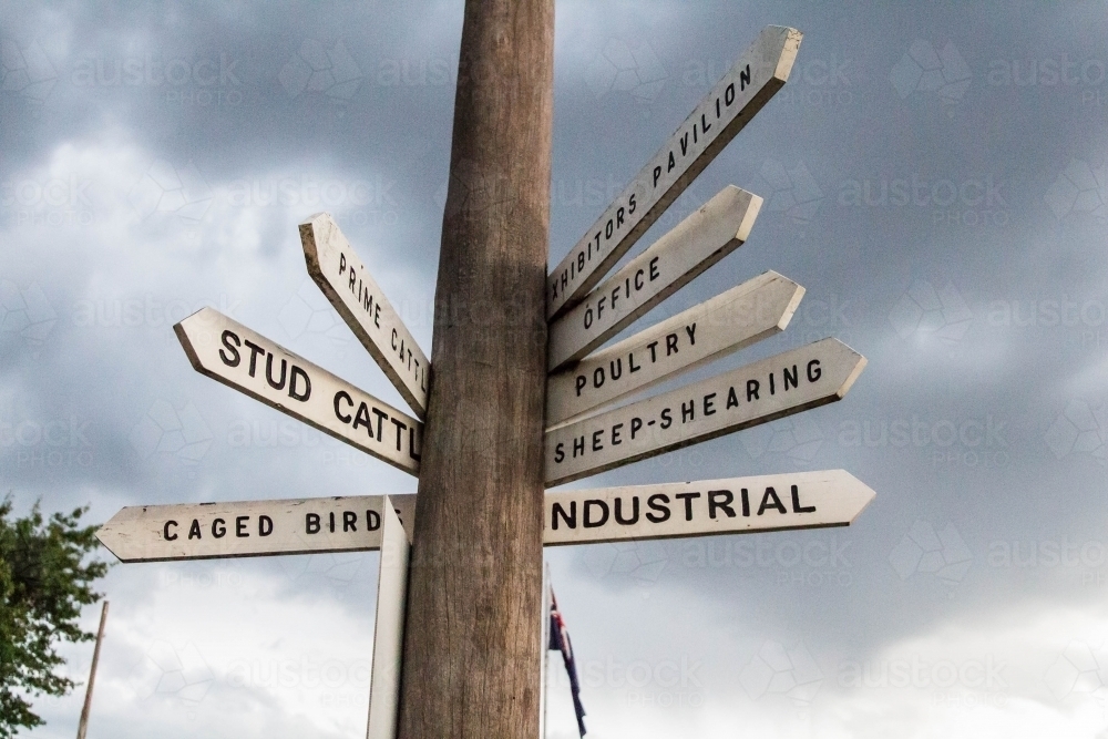 Wooden telegraph pole with directional signs - Australian Stock Image