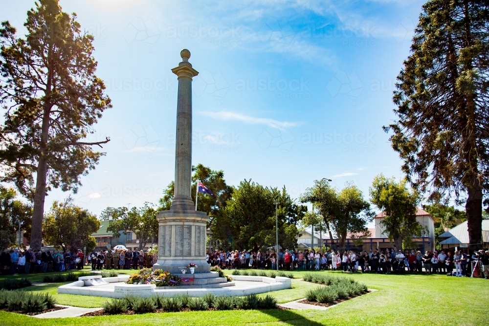 Wreaths laid on cenotaph at ANZAC Day service - Australian Stock Image