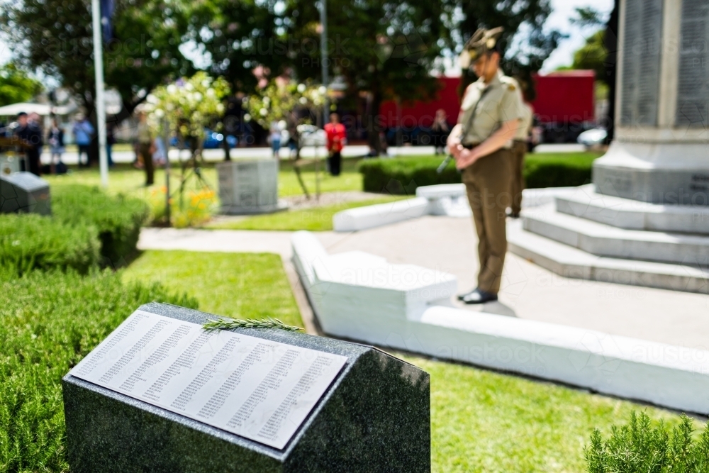 WW2 memorial plinth on remembrance day in Singleton - Australian Stock Image