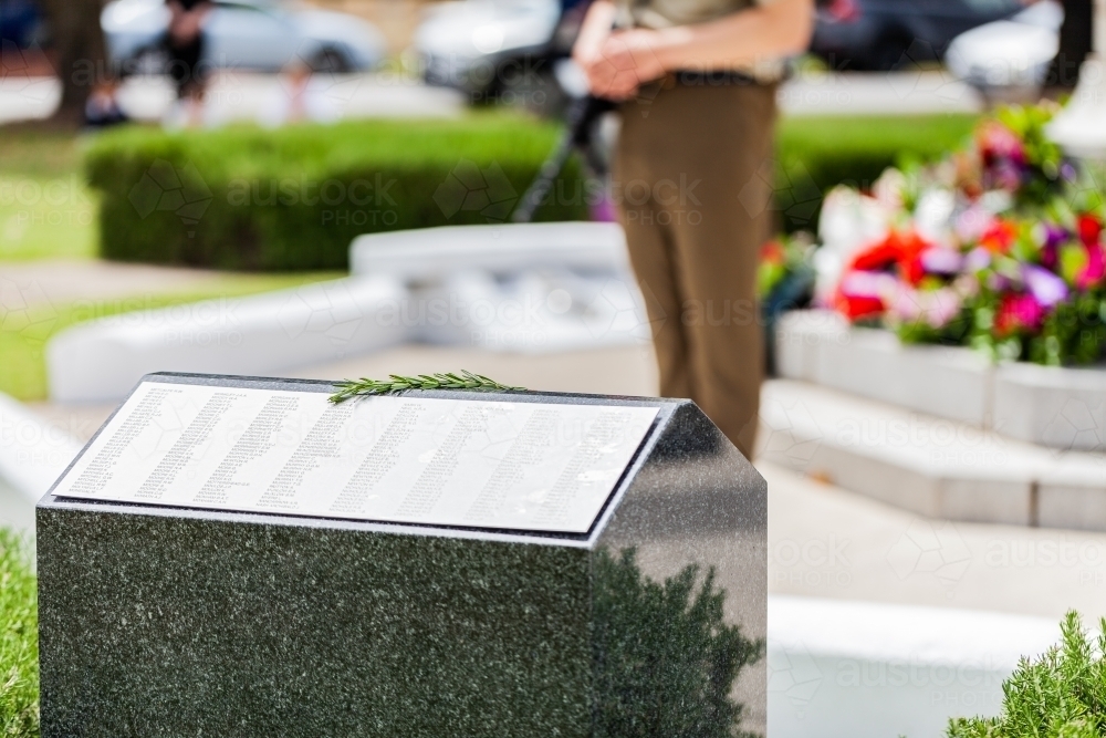 WW2 memorial plinth on remembrance day in Singleton - Australian Stock Image