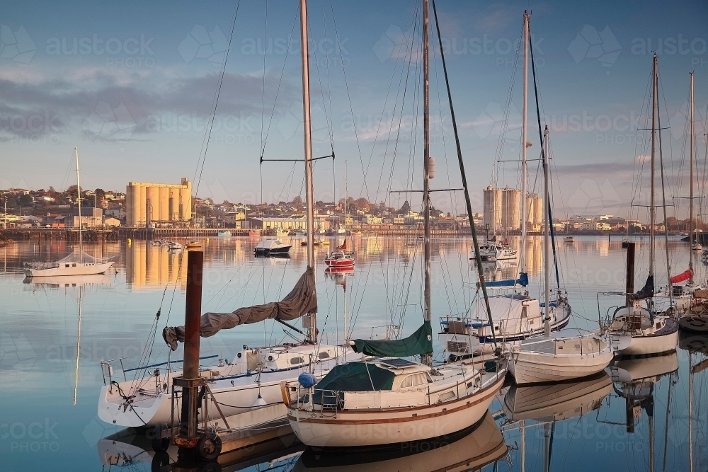 Yachts & reflections on the Mersey River, Tasmania - Australian Stock Image