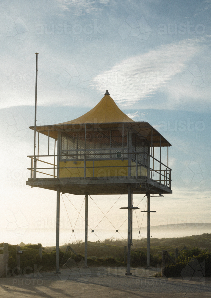Yellow life saver hut at Goolwa Beach - Australian Stock Image