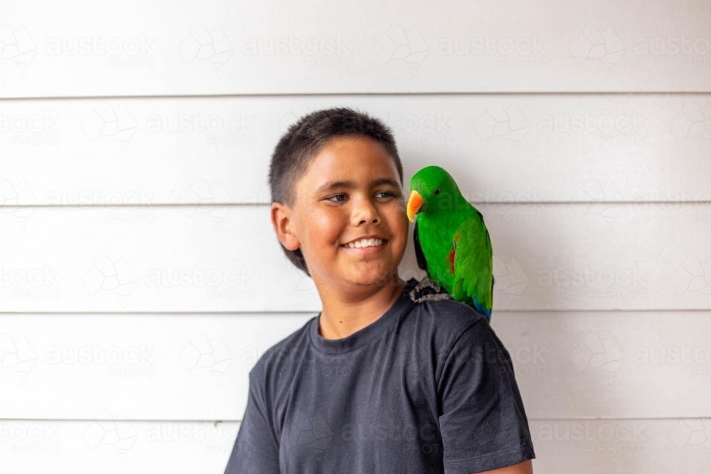 Young Aboriginal boy with pet bird on shoulder - Australian Stock Image