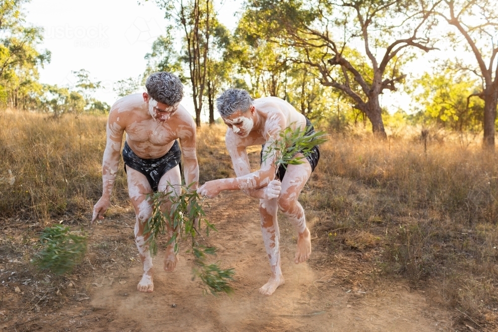 Young aboriginal men dancing with gum leaves and ochre body paint on country wearing lap laps - Australian Stock Image