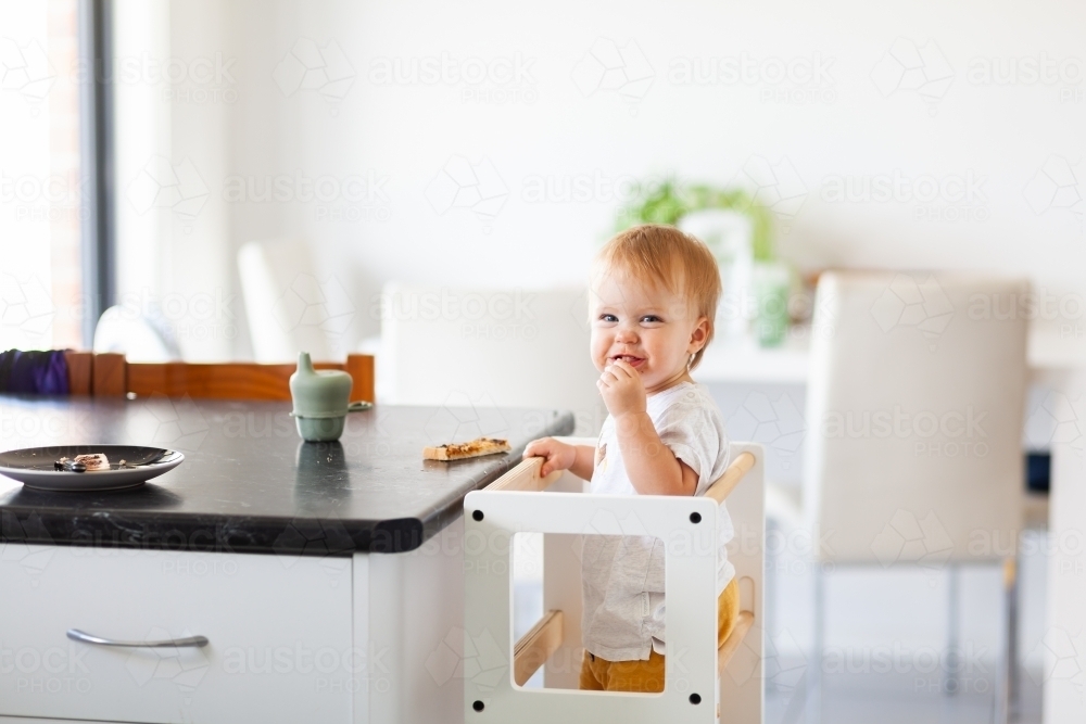 Young australian baby eating vegemite toast at kitchen bench standing on Montessori learning tower - Australian Stock Image