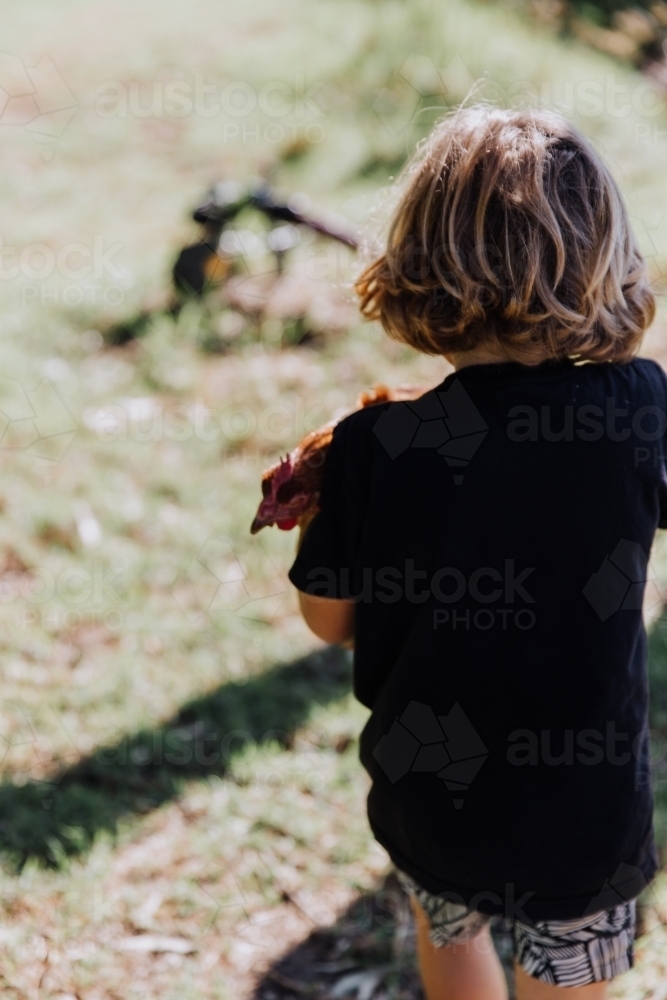 Young boy holding chicken - Australian Stock Image