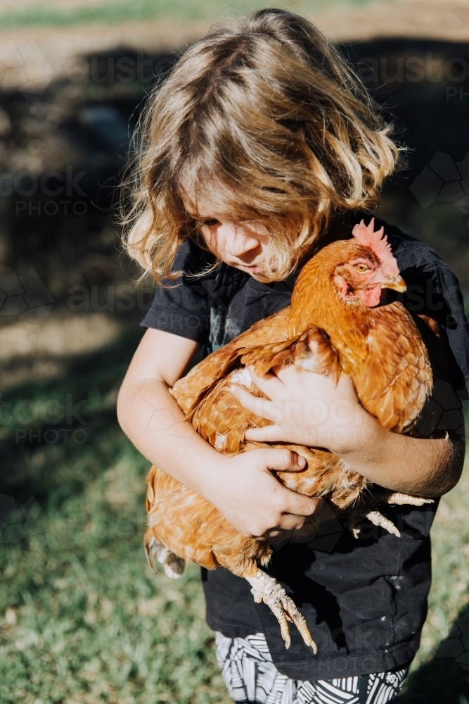 Young boy holding chicken - Australian Stock Image