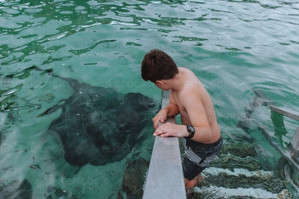 Young boy walking down ocean stairs towards stingray - Australian Stock Image