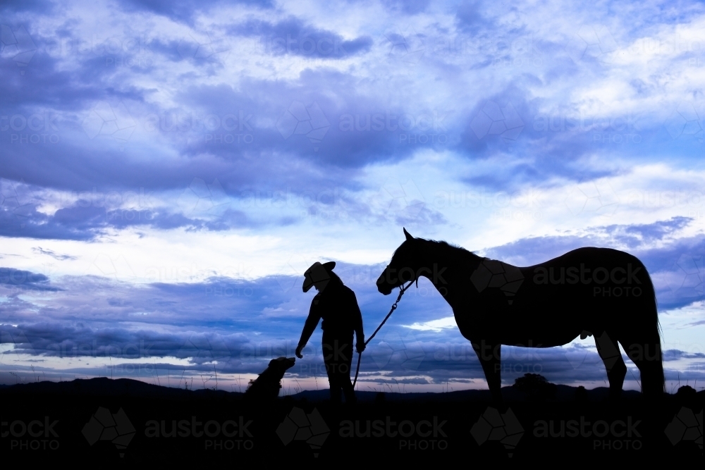 Young female country person reaching out to dog in rural farm paddock silhouette with horse - Australian Stock Image