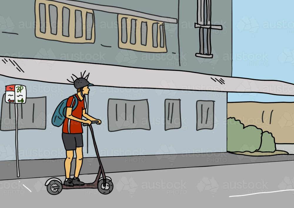 Young man riding scooter with cable ties on helmet to protect against magpies - Australian Stock Image