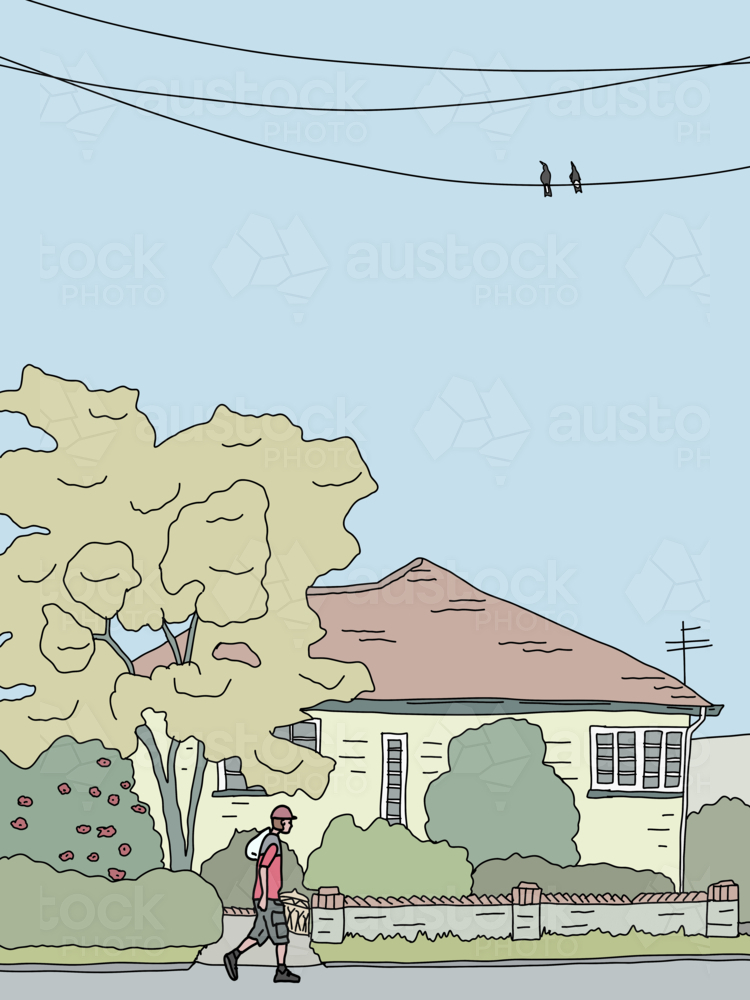 Young man walking with shopping bag over shoulder with magpies warbling on power lines - Australian Stock Image