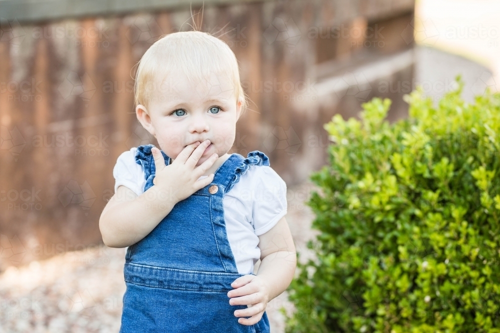 Young toddler girl in garden with fingers in mouth - Australian Stock Image