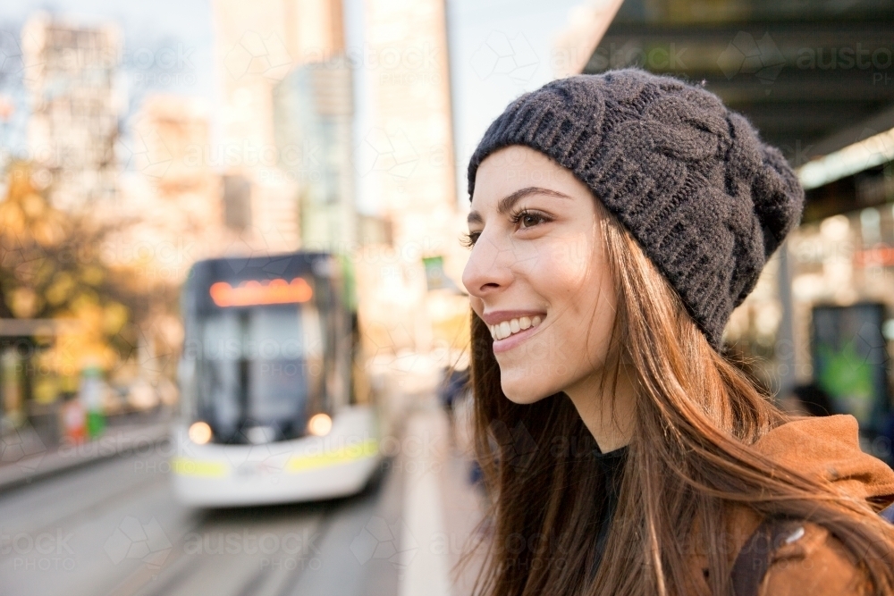 Young Woman About to Catch the Tram - Australian Stock Image