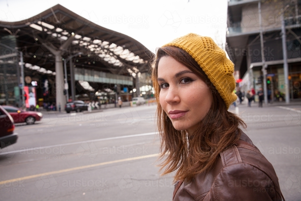 Young Woman Approaching Southern Cross Station - Australian Stock Image