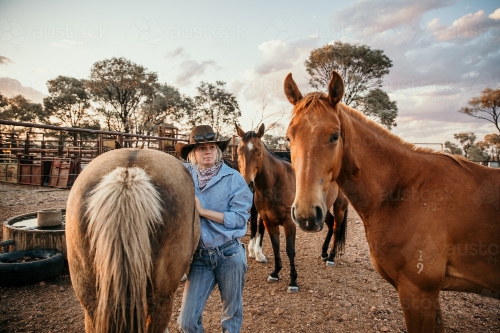 Young woman leaning on a horse in the yard - Australian Stock Image