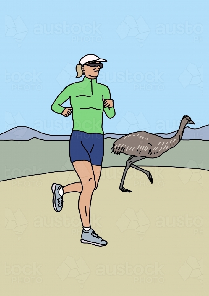 Young woman running with emu in barren Australian countryside - Australian Stock Image