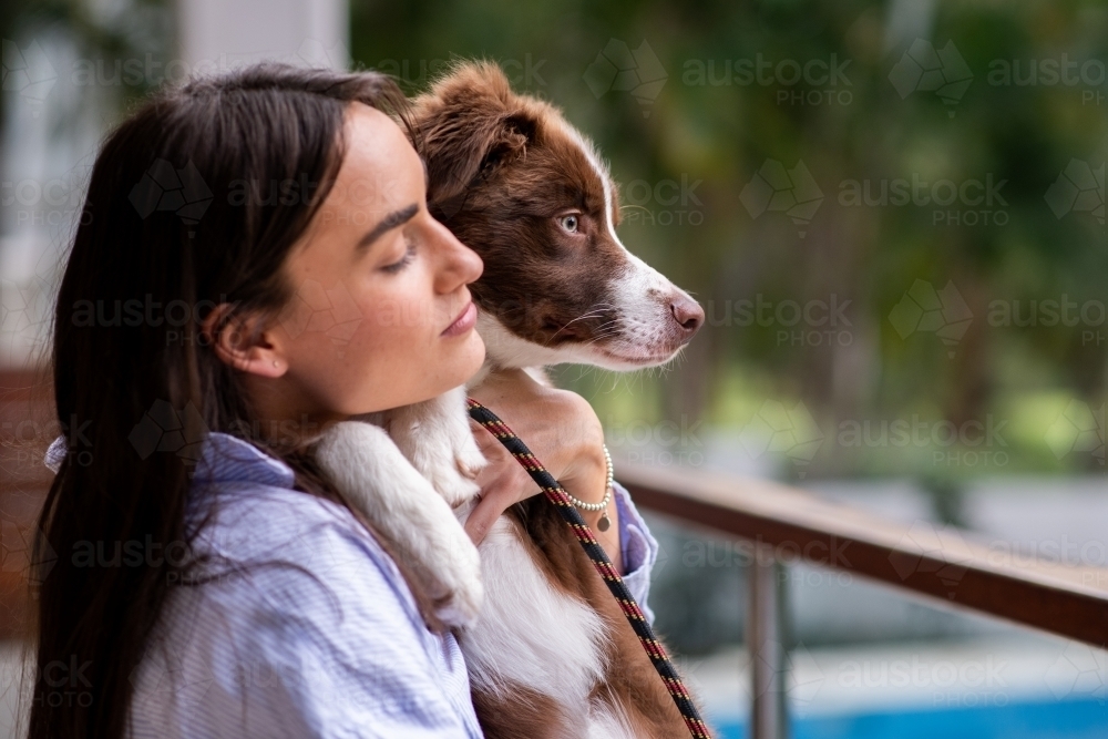 young woman with border collie puppy - Australian Stock Image