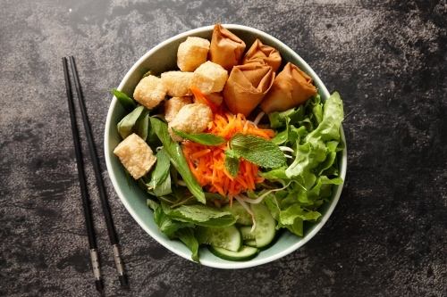 a bowl of green salad with fried tofu and lumpias - Australian Stock Image