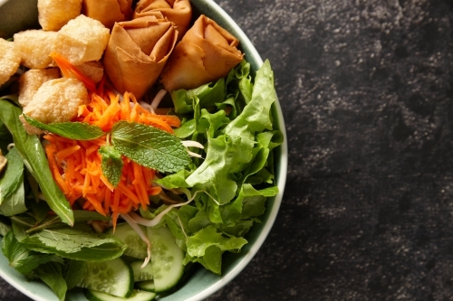 a bowl of green salad with fried tofu and lumpias - Australian Stock Image