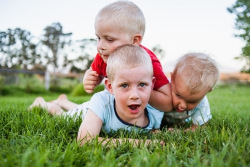 A close up of three brothers tackling each other in play on vibrant green grass. - Australian Stock Image