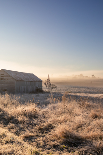 A country scene on a misty morning with a broken windmill and an old country barn - Australian Stock Image