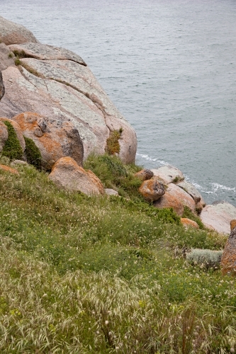 A grassy field leading to the rocky cliffside - Australian Stock Image