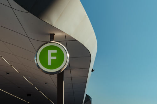 A green ferry wayfinding sign at Barangaroo Wharf, NSW - Australian Stock Image