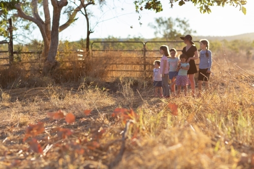 A group of children with their governess in the outback - Australian Stock Image