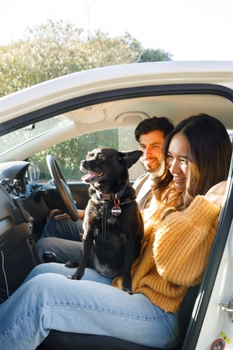 A man and a woman in a car with their dog about to go on a holiday - Australian Stock Image