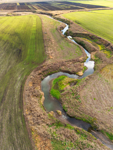 A meandering creek  with water surrounded by agricultural fields - Australian Stock Image