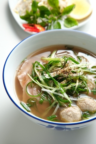 A meatball noodle soup topped with green onions surrounded by spices on the surface. - Australian Stock Image