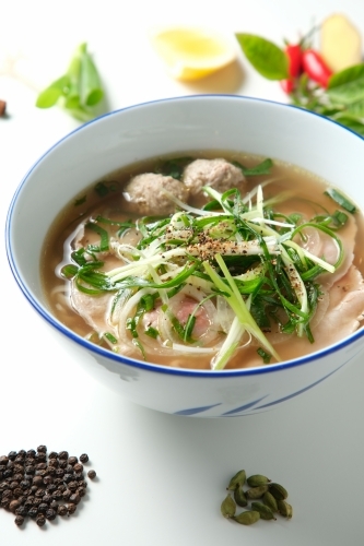 A meatball noodle soup topped with green onions surrounded by spices on the surface. - Australian Stock Image
