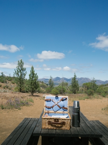 A picnic basket at a rest area in a national park - Australian Stock Image