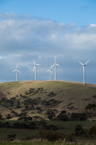 A row of wind turbines on a grassy hill in a paddock - Australian Stock Image