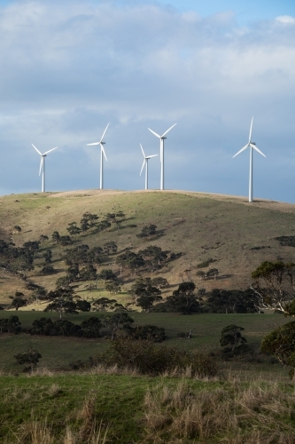 A row of wind turbines on a grassy hill in a paddock - Australian Stock Image