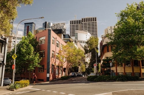 A sunny urban intersection of Hunt and Commonwealth Streets in Surry Hills - Australian Stock Image